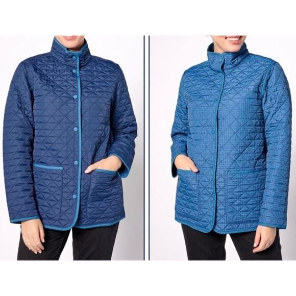 Lands' End Womens Sz XL Primaloft Reversible Quilted Barn Jacket Navy/Glen Check - Picture 1 of 16